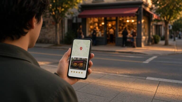 Over-the-shoulder view of a person holding a phone showing a map pin and a five-star business listing, with the same warmly lit shop across the street.