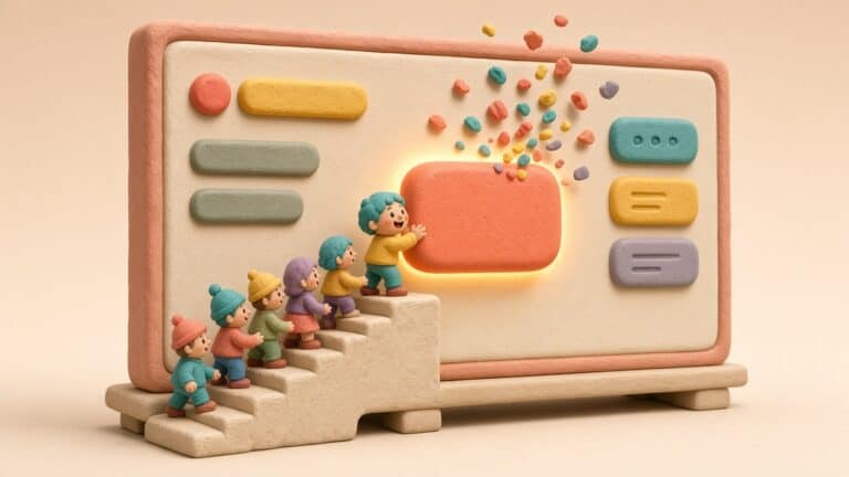 Claymation-style illustration of small clay figures climbing steps to a giant web page, where the first one happily presses a big glowing coral button as confetti bursts out.