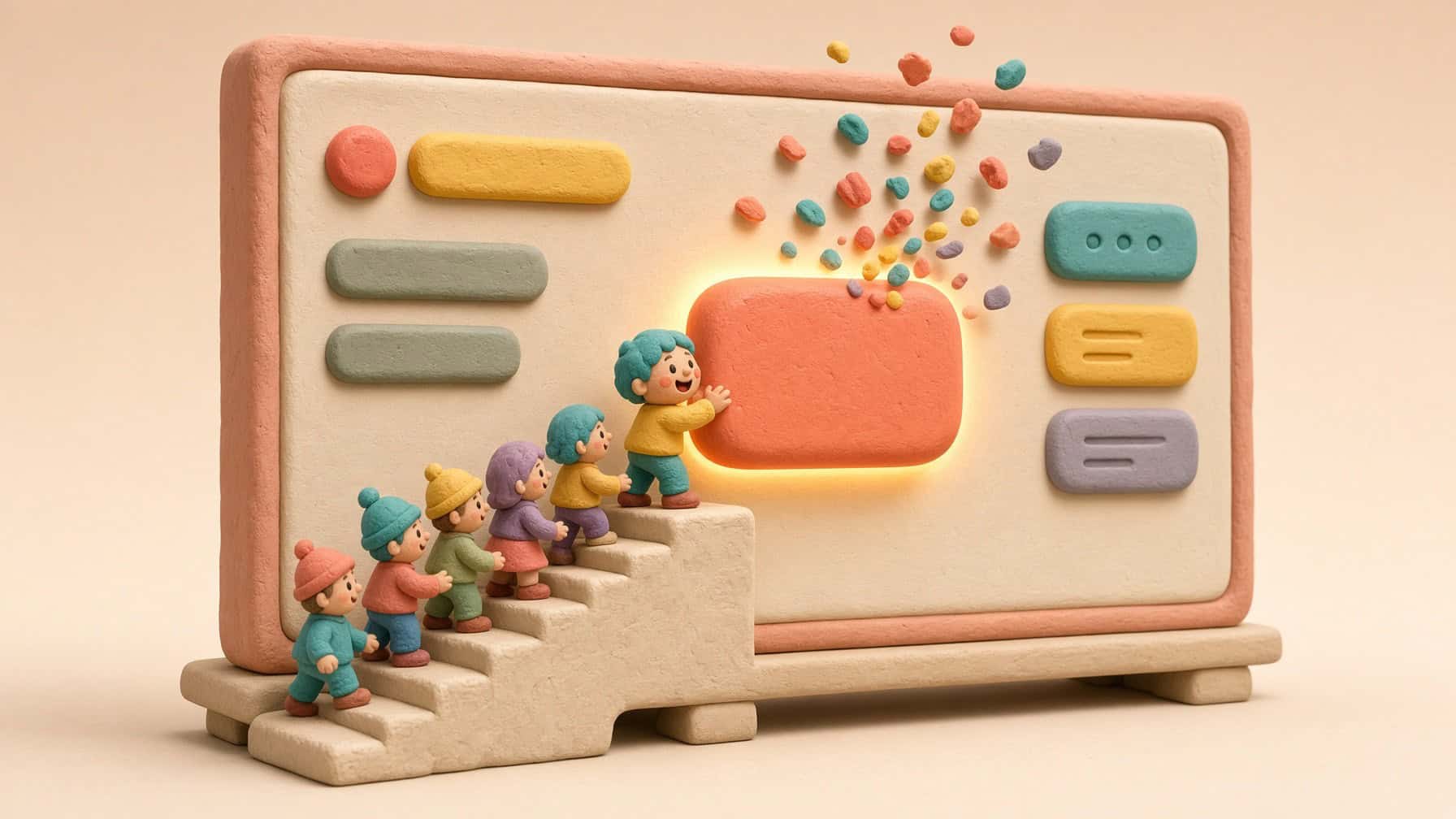 Claymation-style illustration of small clay figures climbing steps to a giant web page, where the first one happily presses a big glowing coral button as confetti bursts out.
