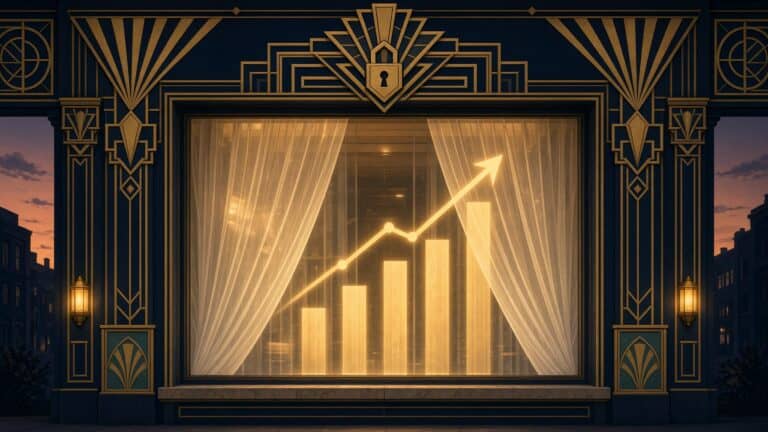 Art Deco illustration of an ornate shop window with sheer curtains drawn, glowing bar charts and a rising trend line shining through, and a padlock emblem above the window.