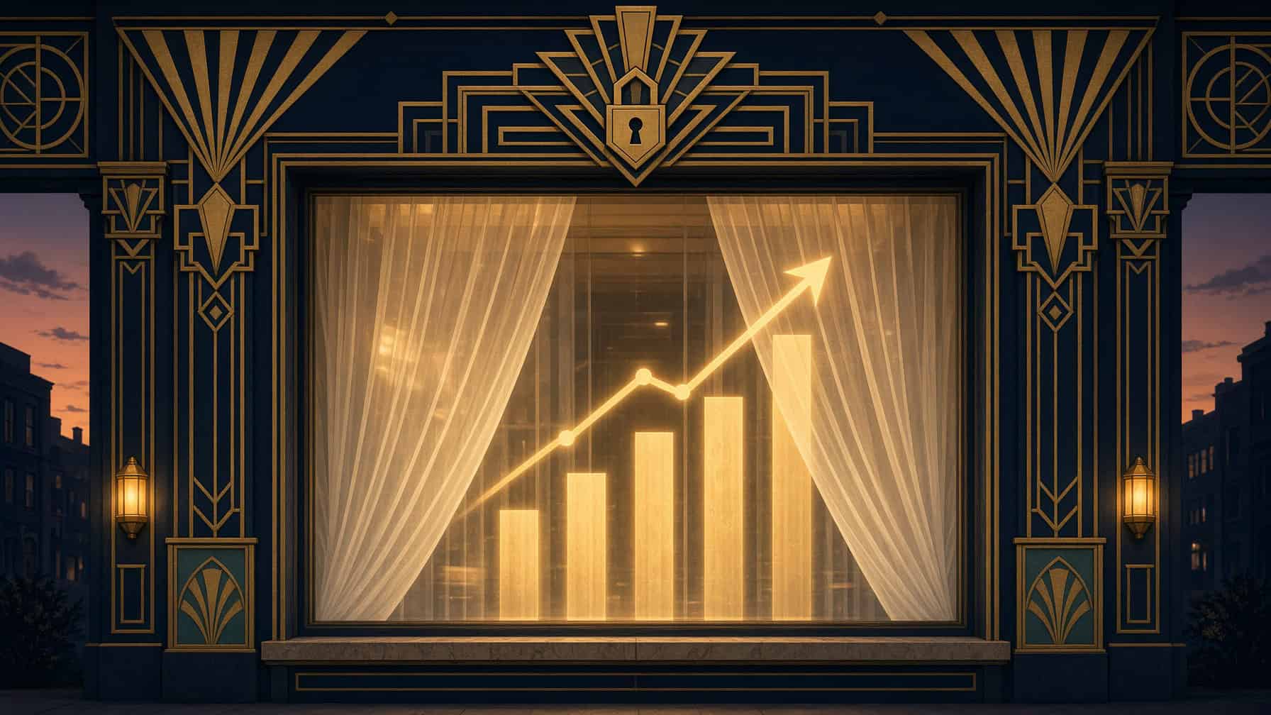 Art Deco illustration of an ornate shop window with sheer curtains drawn, glowing bar charts and a rising trend line shining through, and a padlock emblem above the window.