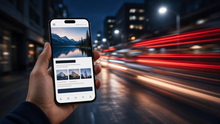 A hand holds a smartphone showing a website, with streaks of red and white light from fast-moving traffic on a city street at night behind it.