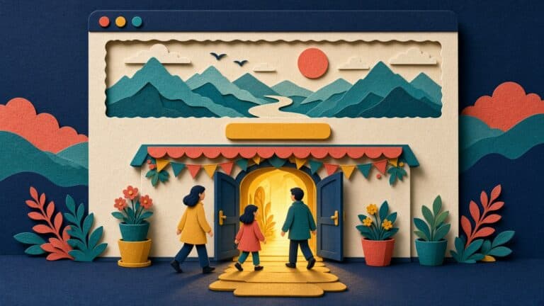 Paper-cut illustration of a web browser window shaped like a welcoming shop front, with a family walking through open doors into warm golden light, framed by bunting, potted flowers and a mountain banner image.
