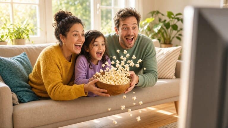 A family on a couch in a sunny living room leans toward the TV with excited, wide-eyed grins as popcorn flies out of the bowl they are holding.