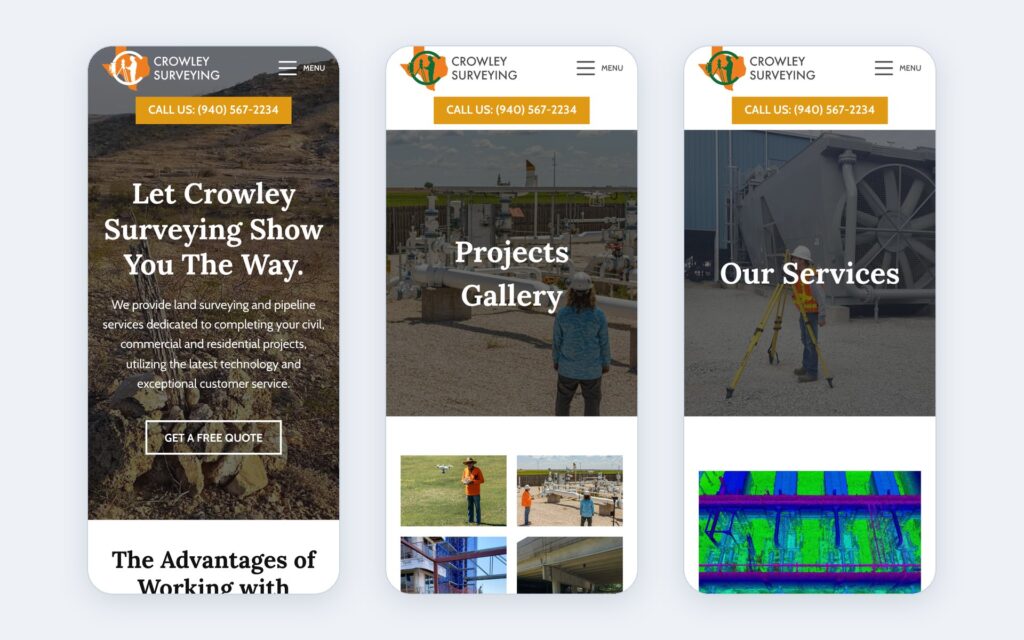 Crowley Surveying website shown on three phone screens