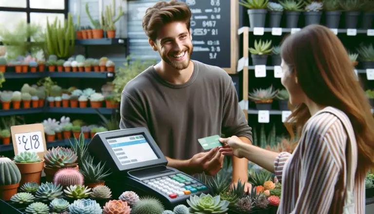Fivepoint happy customer purchasing a succulent from a happy cashier at a register in a nursery