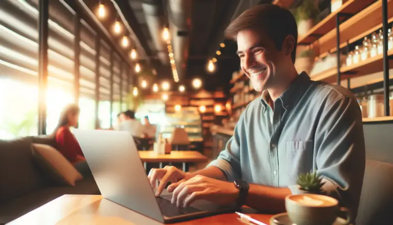 Fivepoint happy man working on a laptop in a cozy cafe