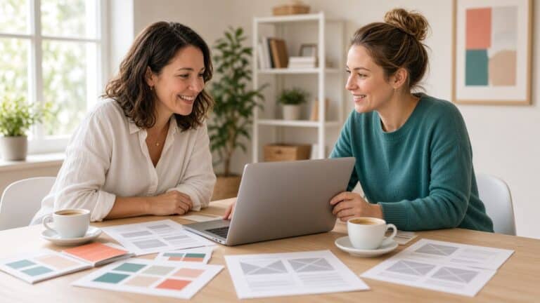 Two women smile while reviewing a website on a laptop at a sunny table covered with printed wireframes, color swatches and coffee cups.