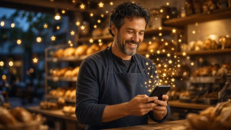 A smiling bakery owner in an apron reads his phone behind the counter as glowing golden stars rise from the screen, with shelves of fresh bread behind him.
