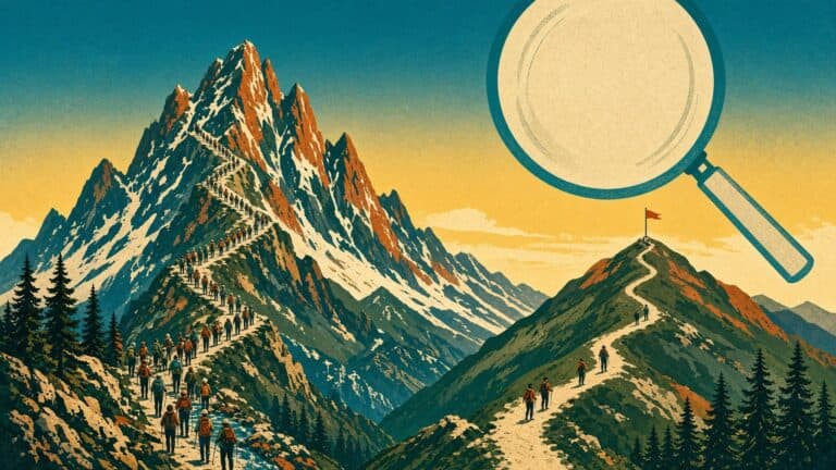 Vintage poster-style illustration of a crowded trail of hikers jammed up a steep mountain, while a few hikers easily reach a flag on a smaller peak beside a giant magnifying glass in the sky.