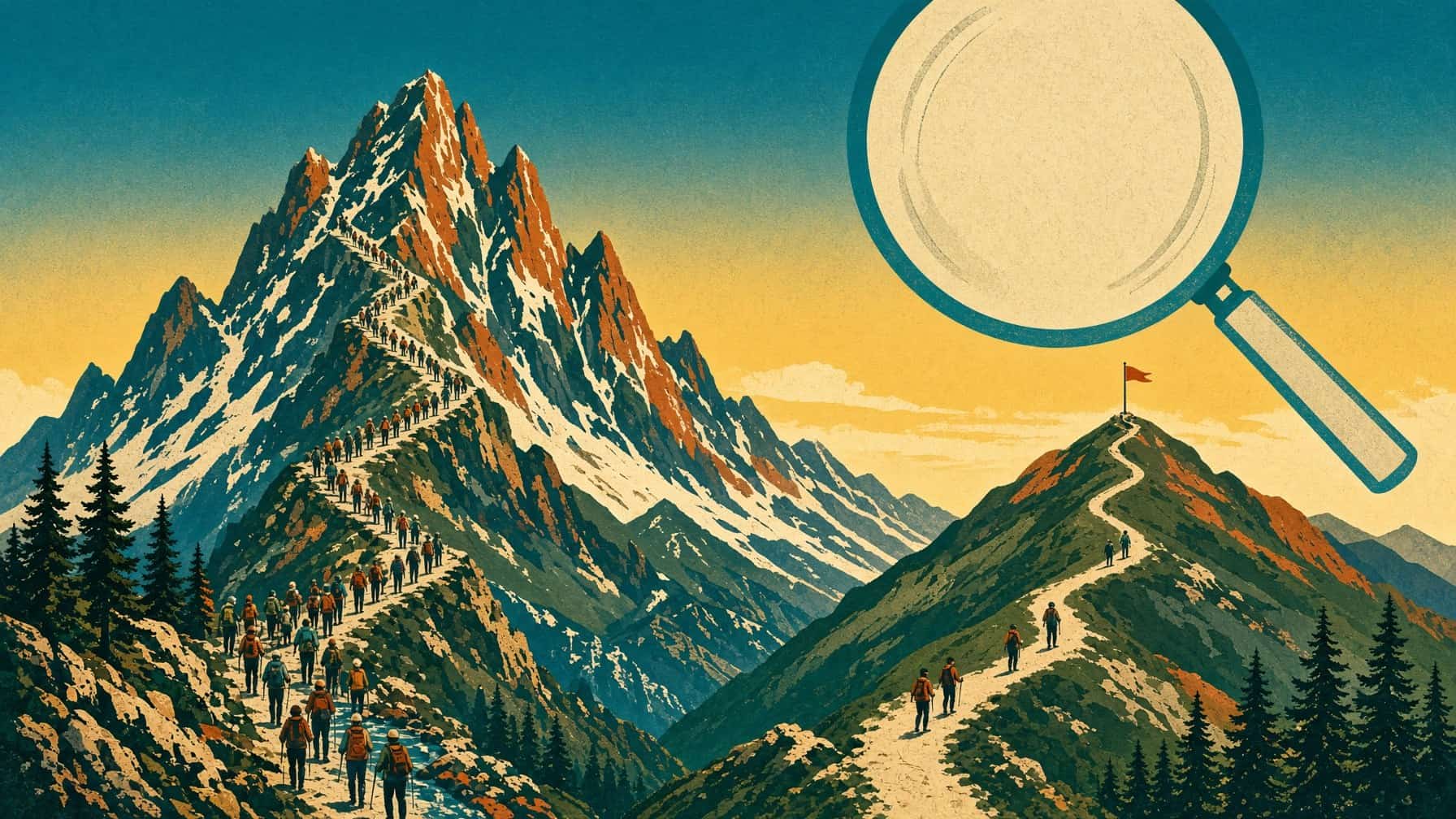 Vintage poster-style illustration of a crowded trail of hikers jammed up a steep mountain, while a few hikers easily reach a flag on a smaller peak beside a giant magnifying glass in the sky.