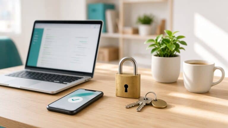 A brass padlock and a set of keys on a sunny office desk beside an open laptop, a smartphone showing a green checkmark, a potted plant and a coffee mug.
