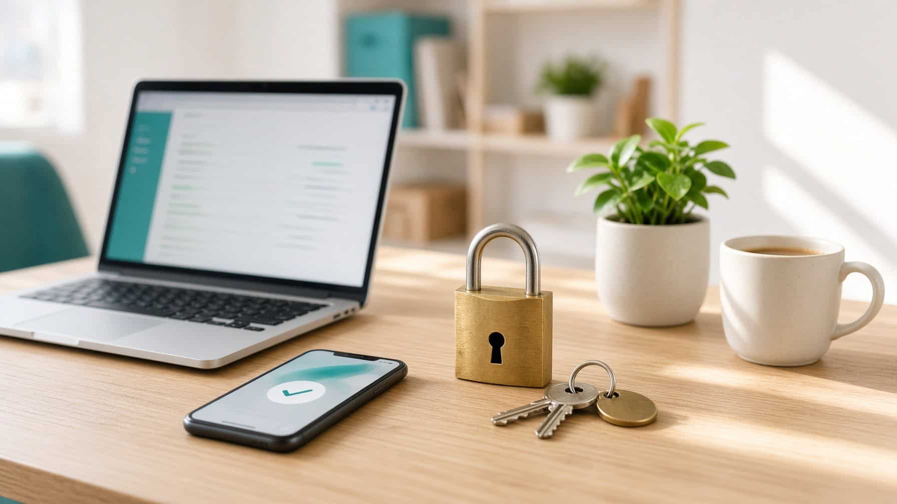 A brass padlock and a set of keys on a sunny office desk beside an open laptop, a smartphone showing a green checkmark, a potted plant and a coffee mug.