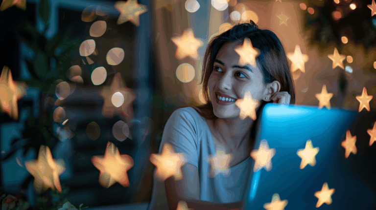Fivepoint happy woman sitting at laptop stars swirling around her