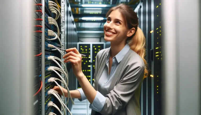 Fivepoint happy woman working on a server rack in a datacenter