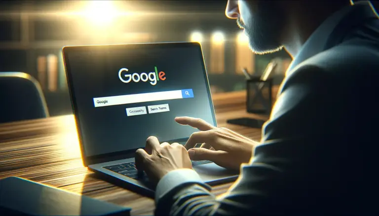 Fivepoint man preparing to search using keywords from laptop at Google
