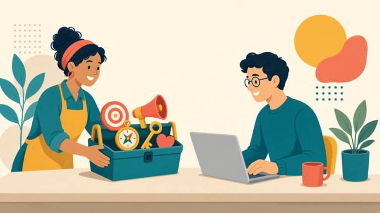 Flat illustration of a smiling business owner handing an open toolbox holding a target, compass, megaphone, key and heart across a desk to a writer at a laptop.