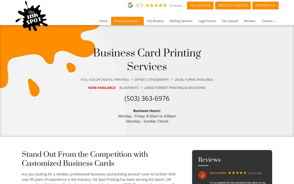 The Ink Spot website business cards page