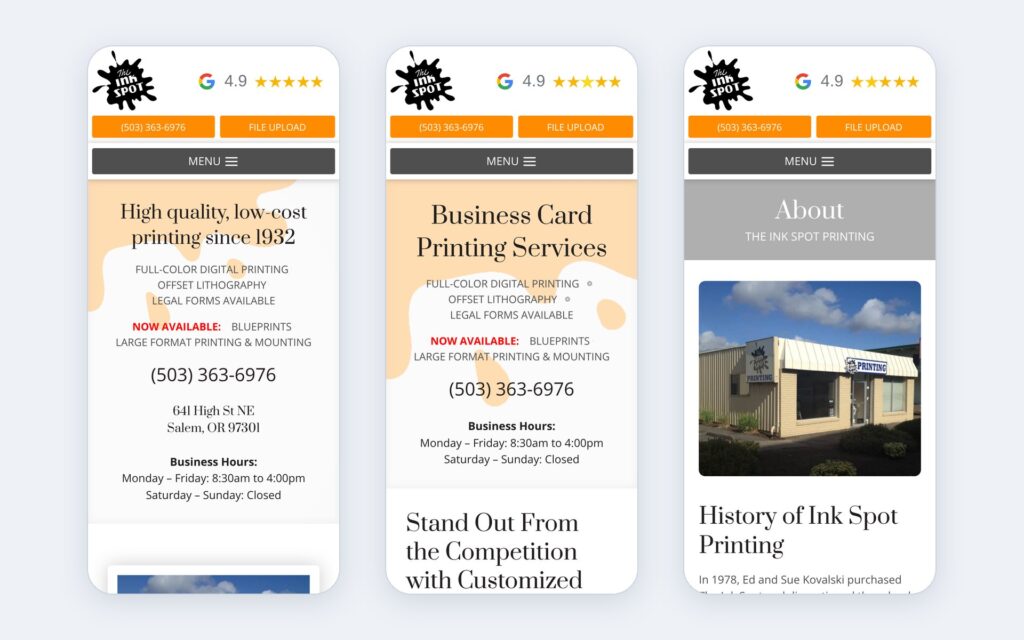 The Ink Spot website shown on three phone screens