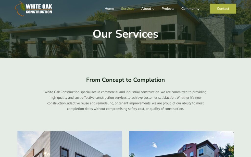 White Oak Construction website services page