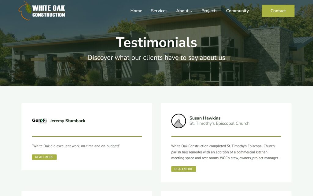 White Oak Construction website testimonials page
