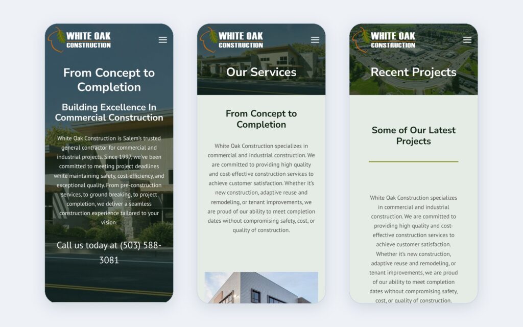 White Oak Construction website shown on three phone screens