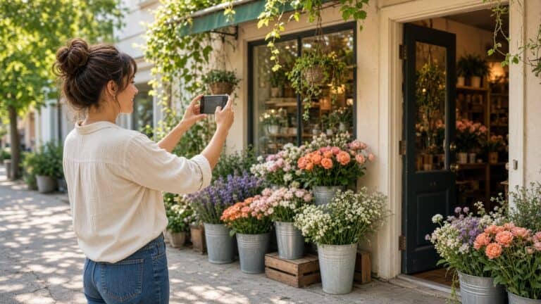 A woman holds her smartphone sideways to photograph a sunny flower shop storefront lined with buckets of colorful fresh flowers.