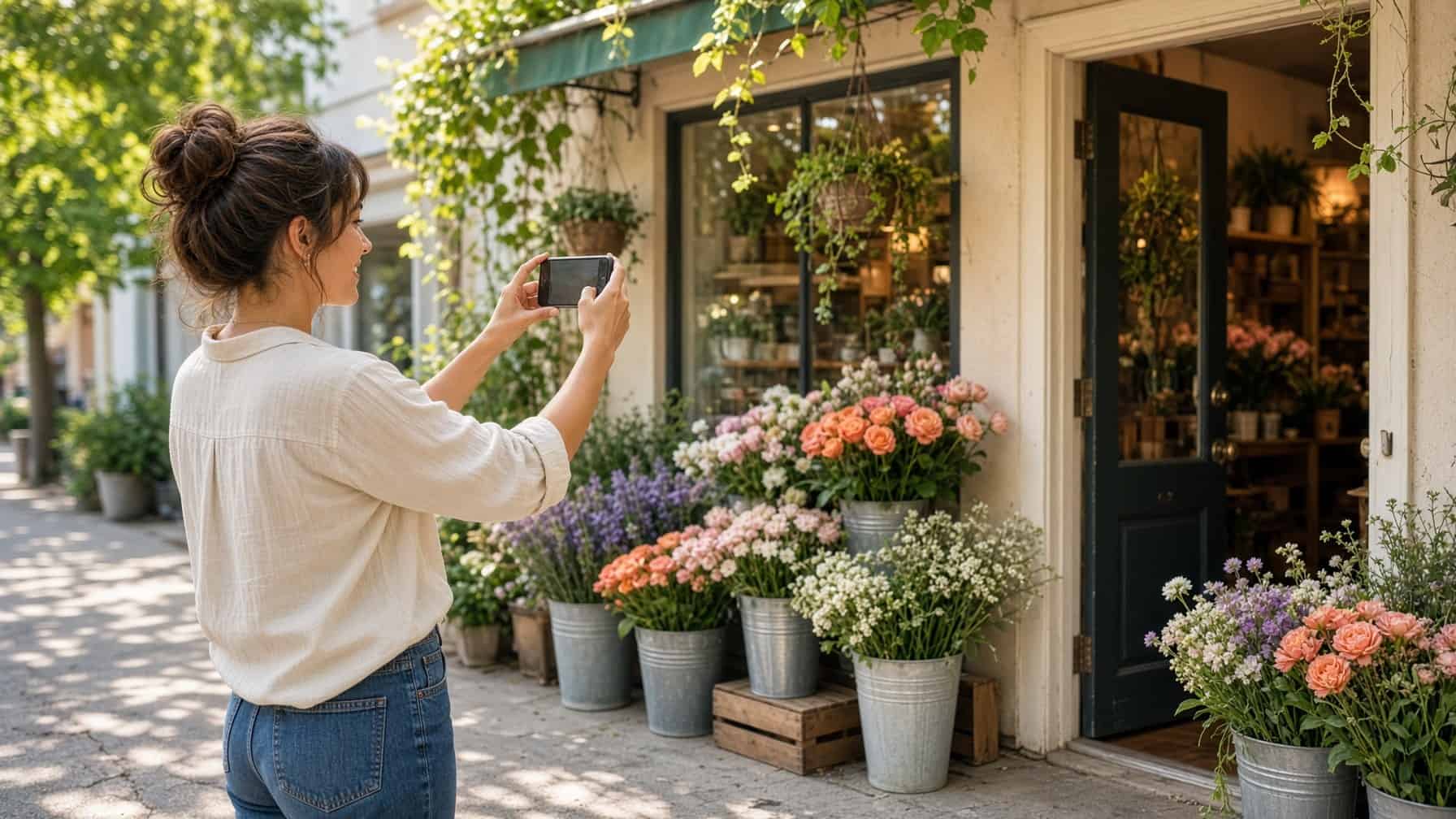 A woman holds her smartphone sideways to photograph a sunny flower shop storefront lined with buckets of colorful fresh flowers.
