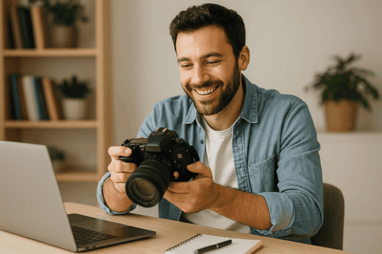 Smiling man holding camera while sitting at laptop