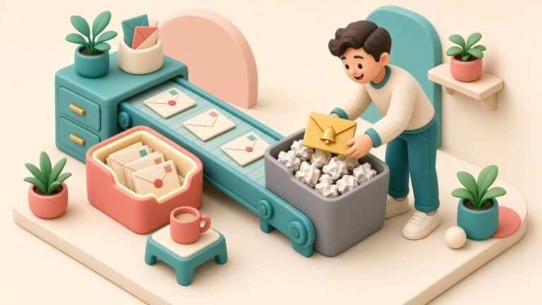 3D illustration of a mail-sorting conveyor where a smiling man rescues a golden envelope with a bell icon from a gray junk bin full of crumpled paper.