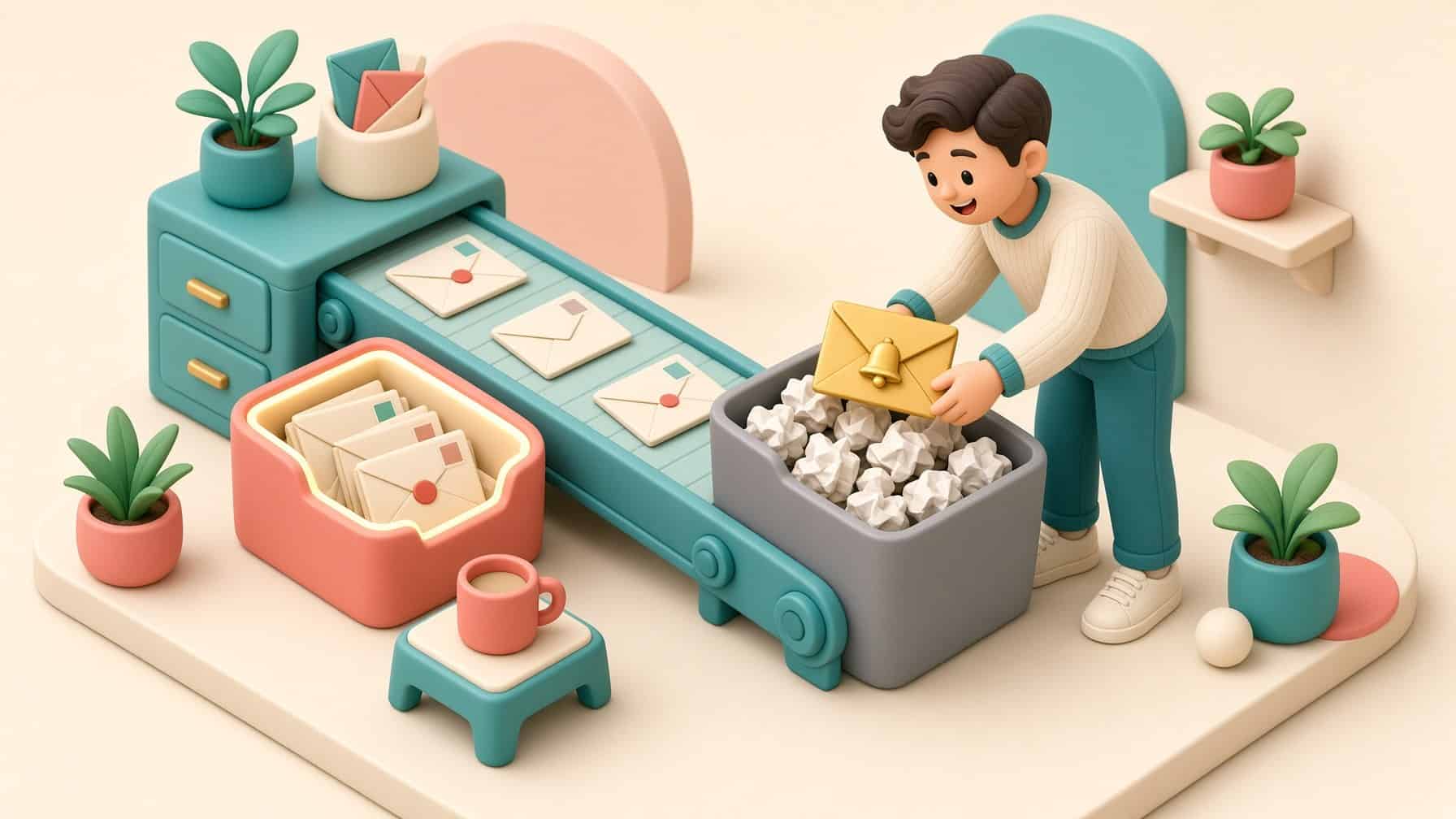 3D illustration of a mail-sorting conveyor where a smiling man rescues a golden envelope with a bell icon from a gray junk bin full of crumpled paper.