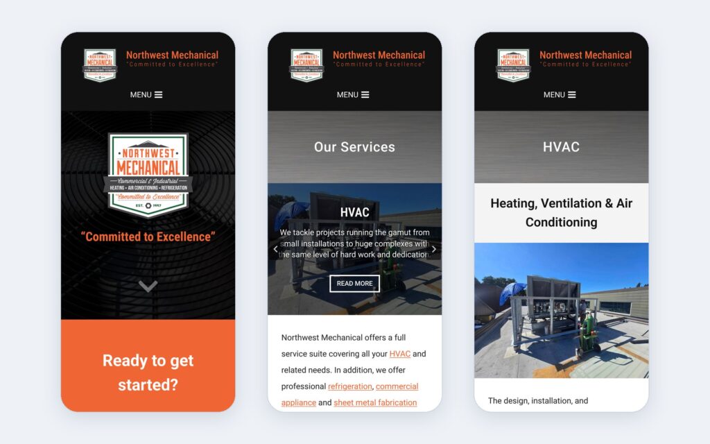 Northwest Mechanical website shown on three phone screens
