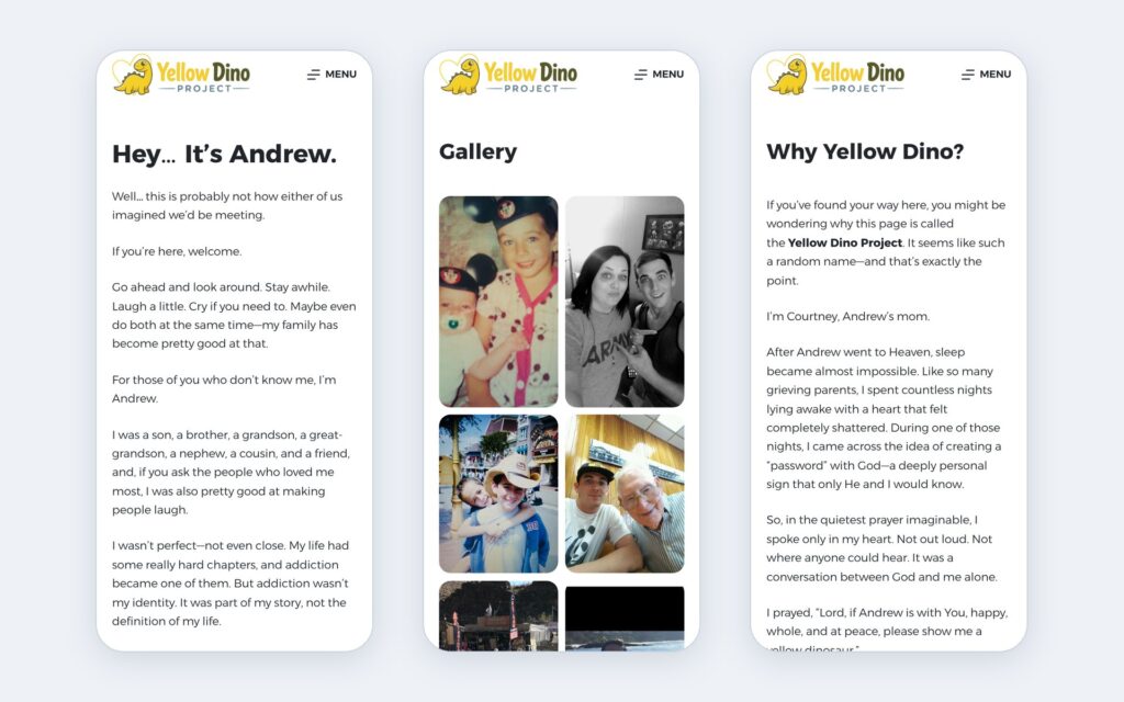 Yellow Dino Project website shown on three phone screens