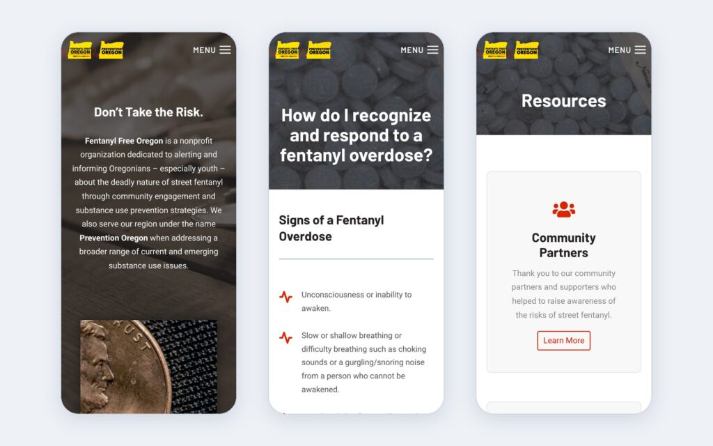 Fentanyl-Free Oregon website shown on three phone screens
