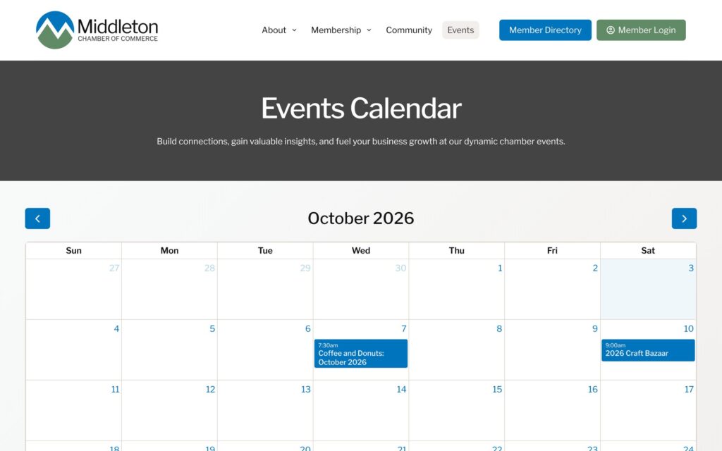 Middleton Chamber of Commerce website events calendar