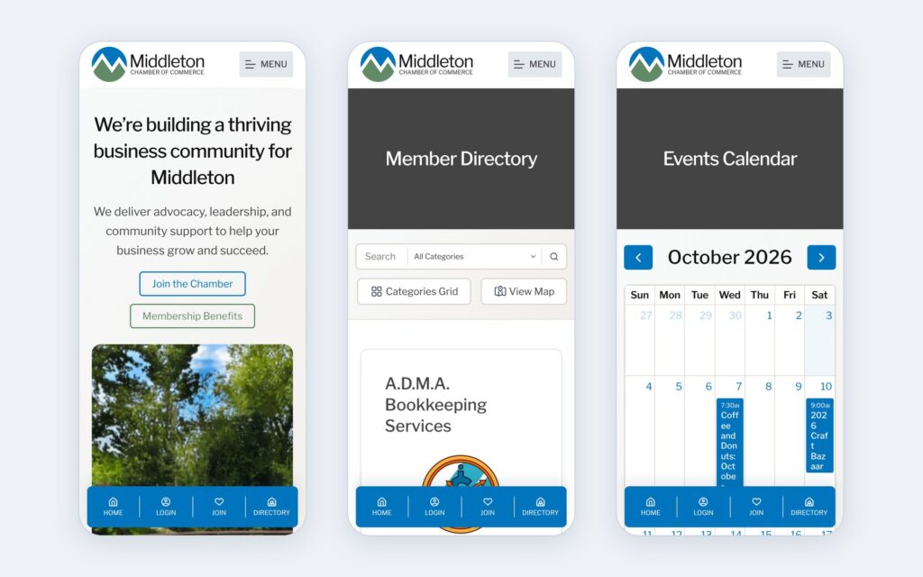 Middleton Chamber of Commerce website shown on three phone screens