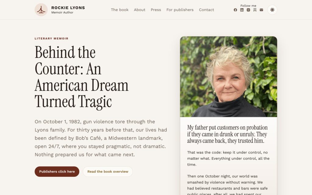 Rockie Lyons website homepage (light mode)