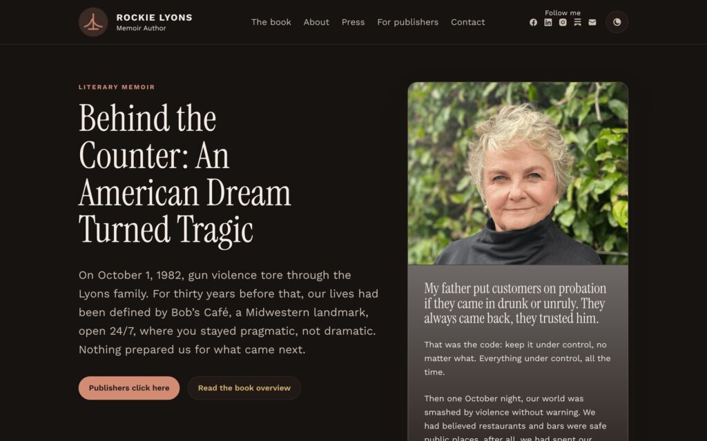 Rockie Lyons website homepage (dark mode)