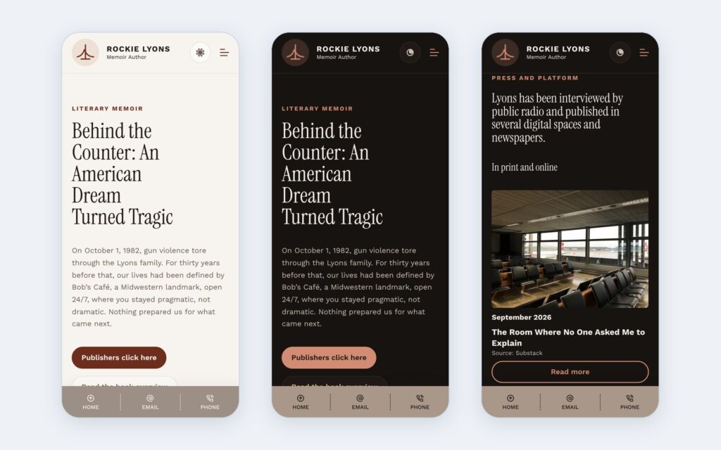 Rockie Lyons website shown on three phone screens