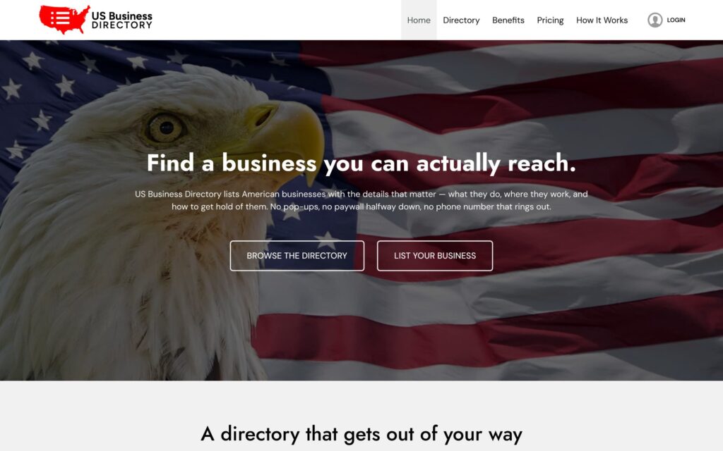 US Business Directory homepage with the hero message and buttons to browse the directory or list a business