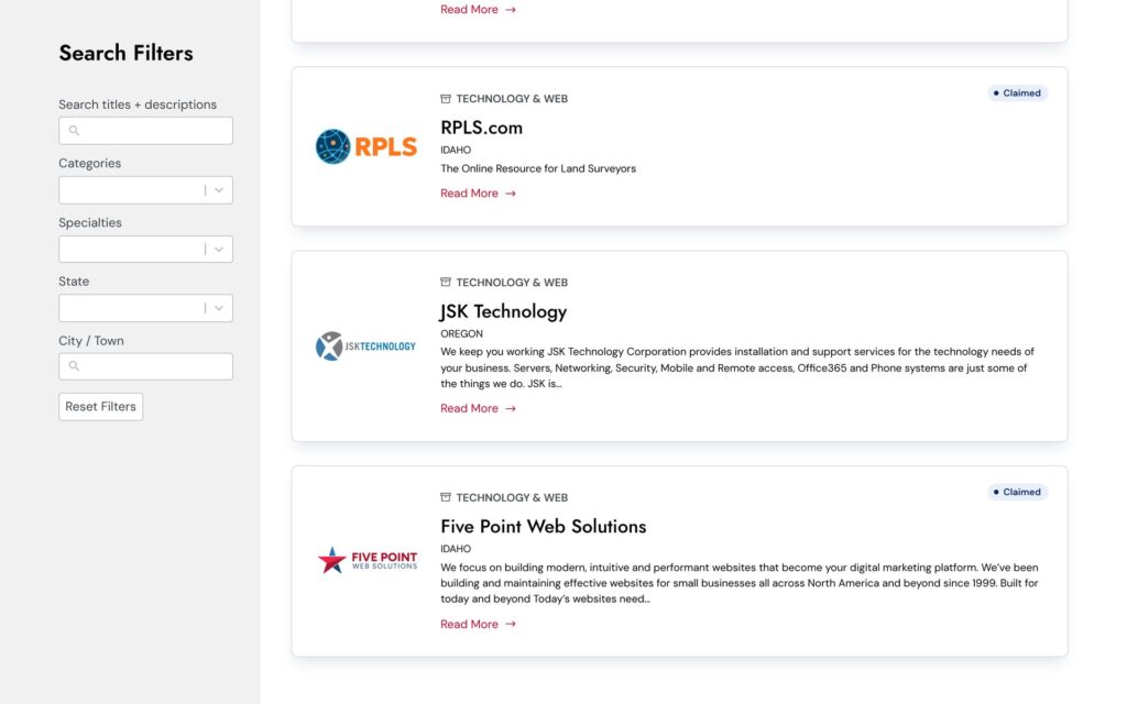 US Business Directory listings page with search filters and business cards, including Five Point Web Solutions
