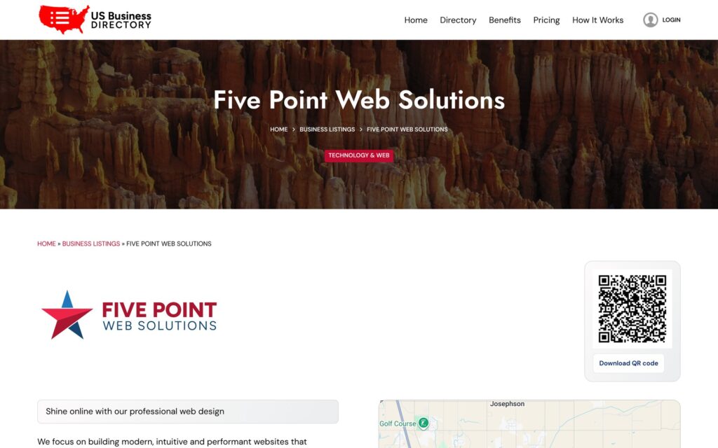 Five Point Web Solutions business listing page on US Business Directory with logo, QR code and map