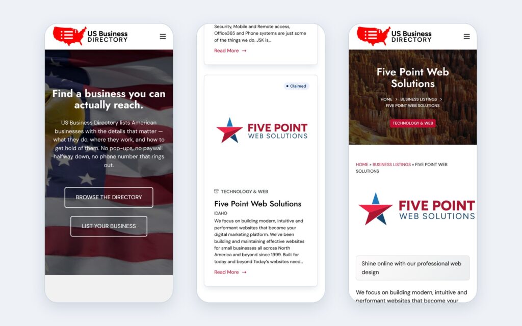 US Business Directory on mobile: homepage, directory listings and a business listing page