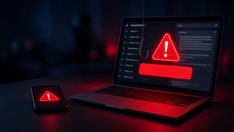 Laptop and phone glowing with red warning alerts over an email inbox, with a fishing hook signaling a phishing scam
