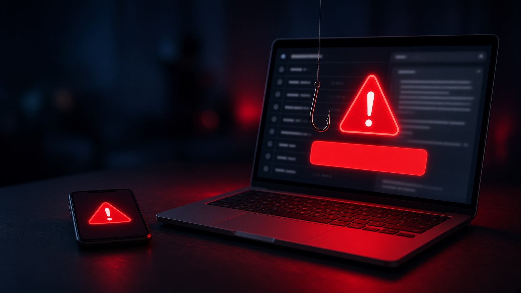 Laptop and phone glowing with red warning alerts over an email inbox, with a fishing hook signaling a phishing scam