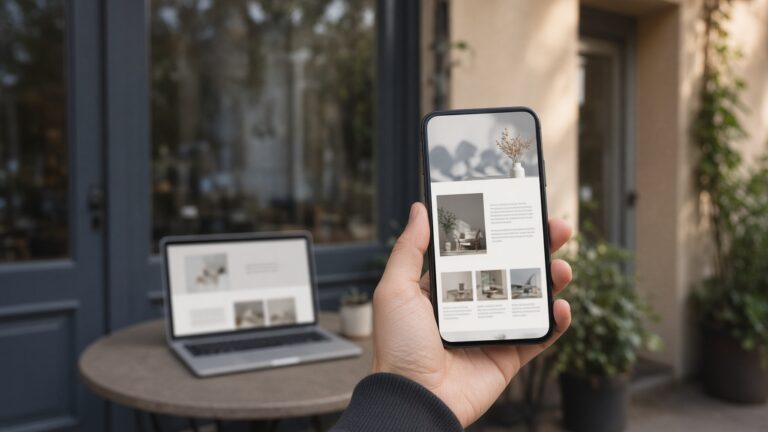 Hand holding a smartphone showing a business website outside a storefront