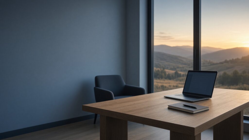 Desk with an open laptop by a window overlooking hills at sunset