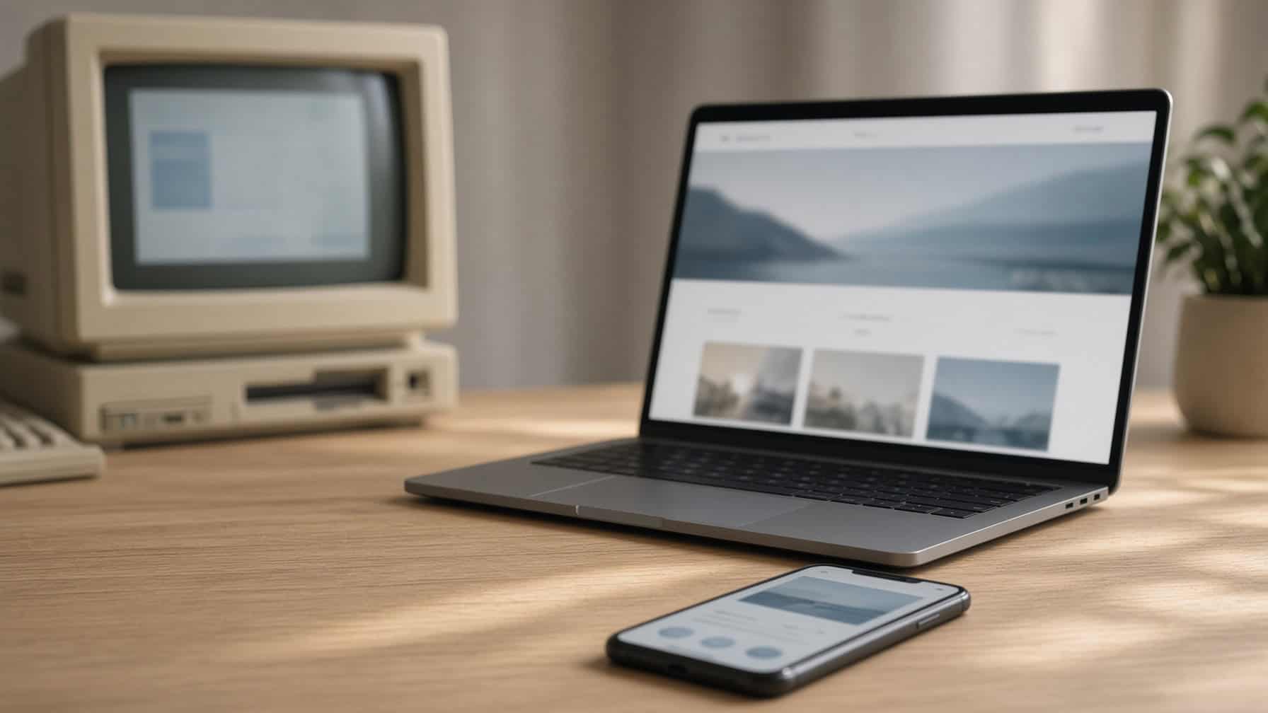 An old beige desktop computer in the background behind a modern laptop and smartphone, each showing a clean, current website design.