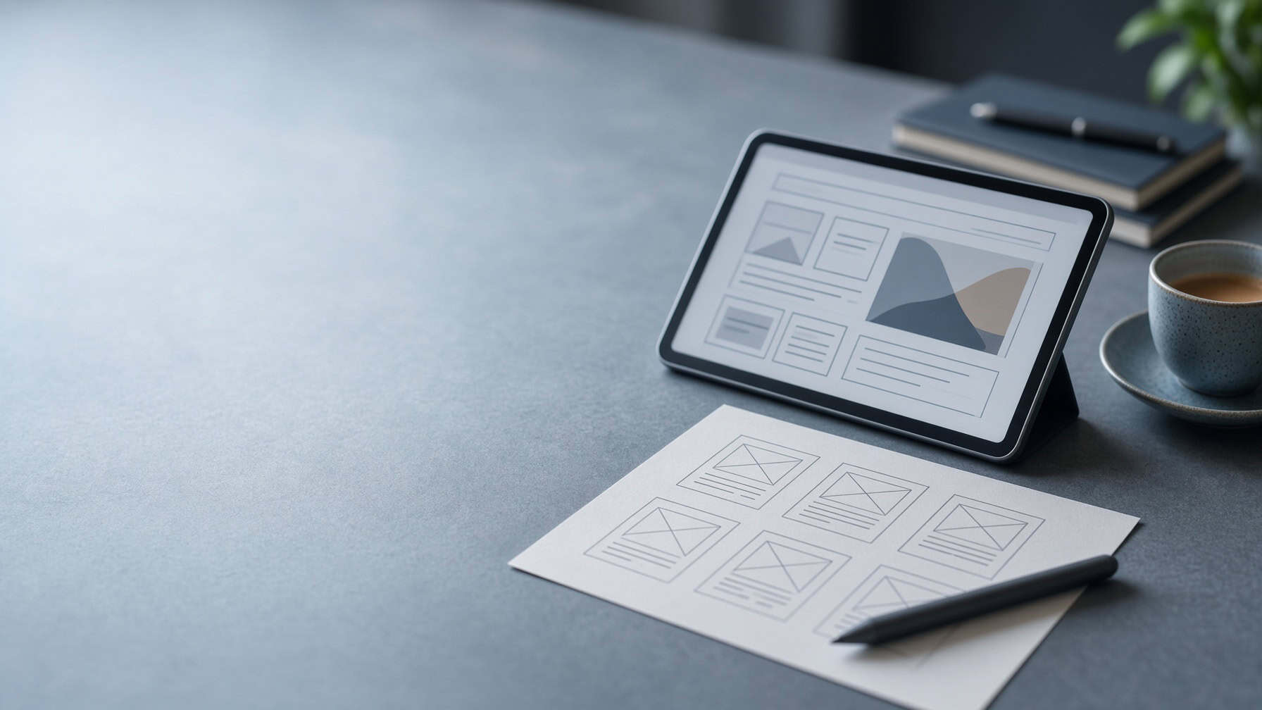 Tablet showing a website layout beside paper wireframe sketches and a cup of coffee