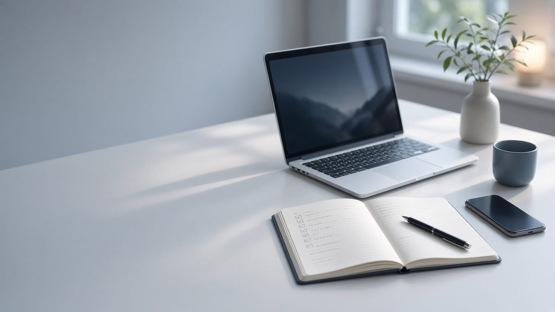 Laptop, notebook, phone and coffee mug on a bright white desk